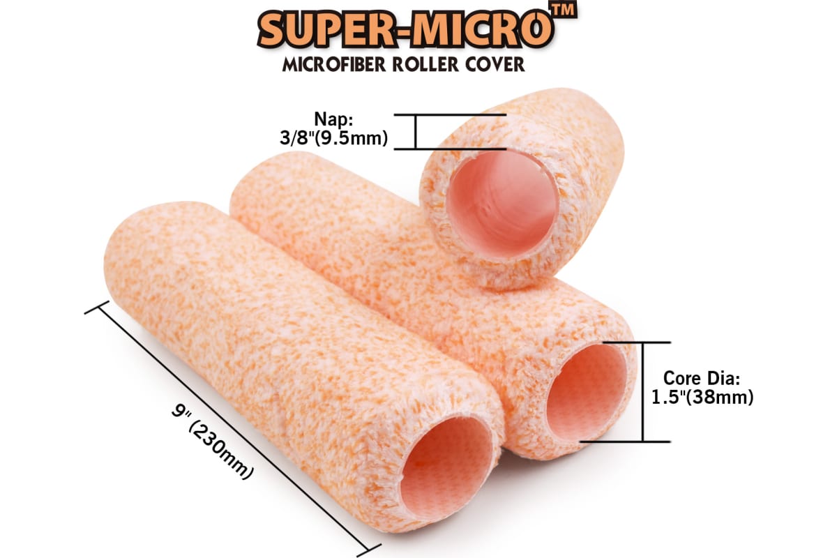 Валик Super-Micro™, набор 3 шт.
Материал: Микрофибра
Размер:  9" (230мм)
Шубка 3/8" (9,5мм)
Диаметр крепления: Ø38мм
